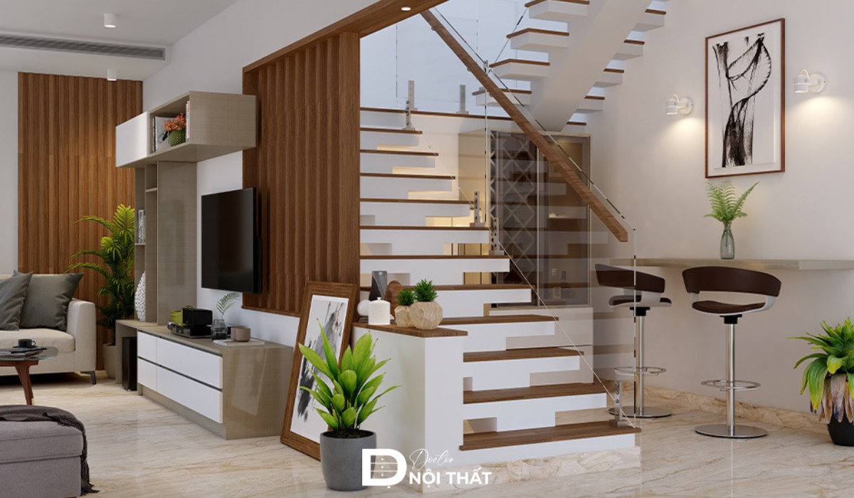 Mẫu phòng khách nhà ống 4m có cầu thang vách ngăn kính cường lực giữ được ánh sáng tự nhiên