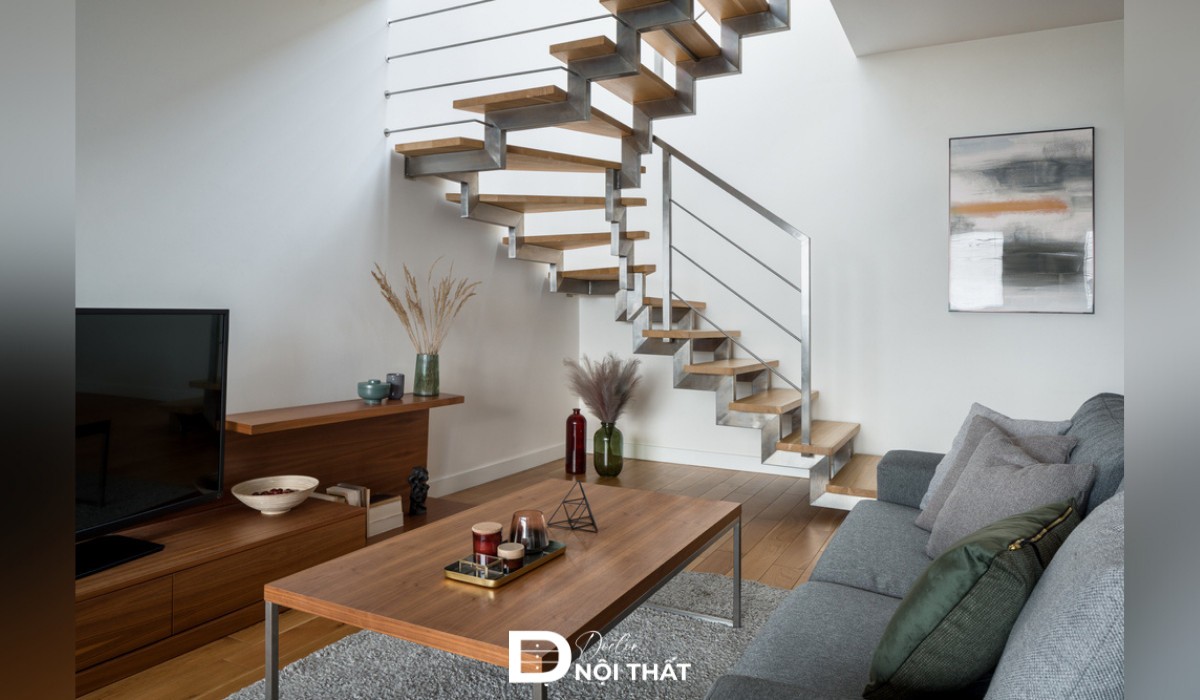 Mẫu thiết phòng khách nhà ống 4m có cầu thang inox