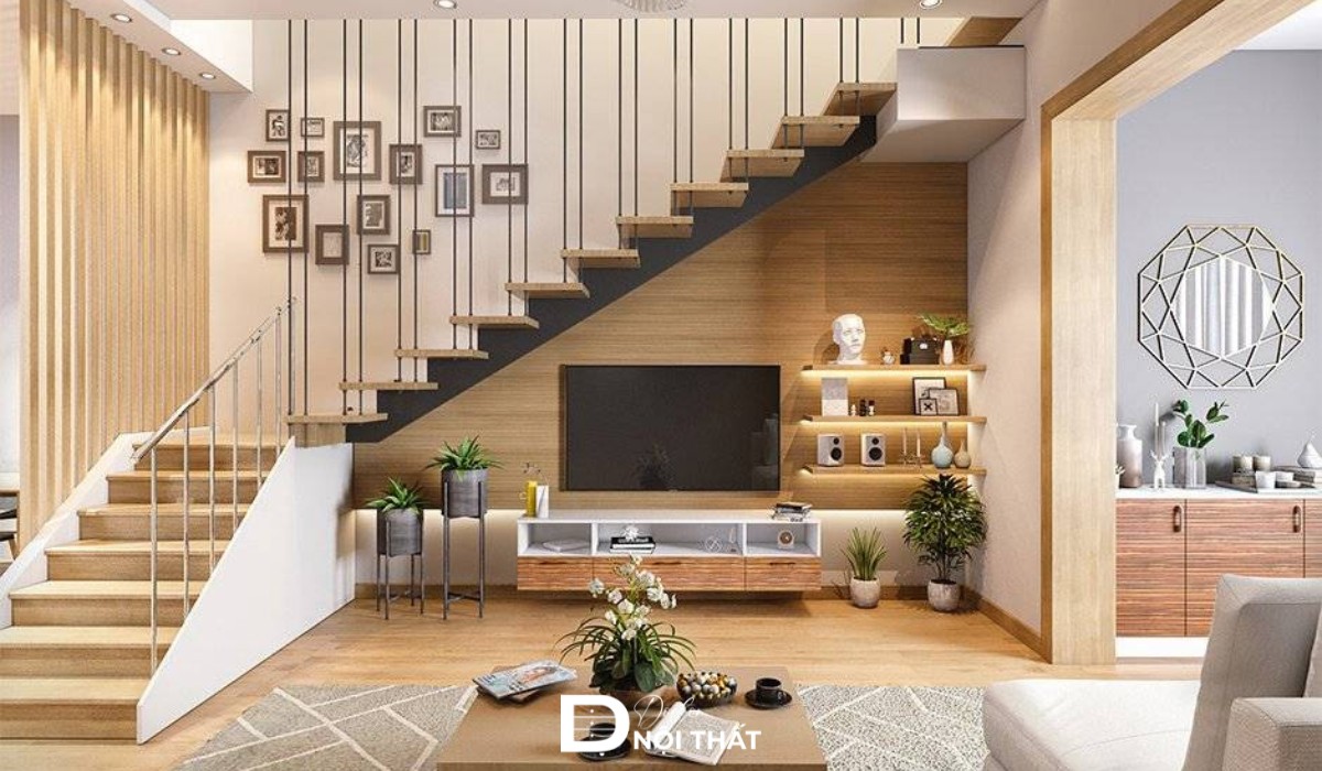 Mẫu phòng khách nhà ống 4m có cầu thang kết hợp kệ tivi