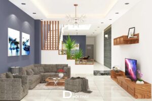 phòng khách nhà ống 5m có cầu thang