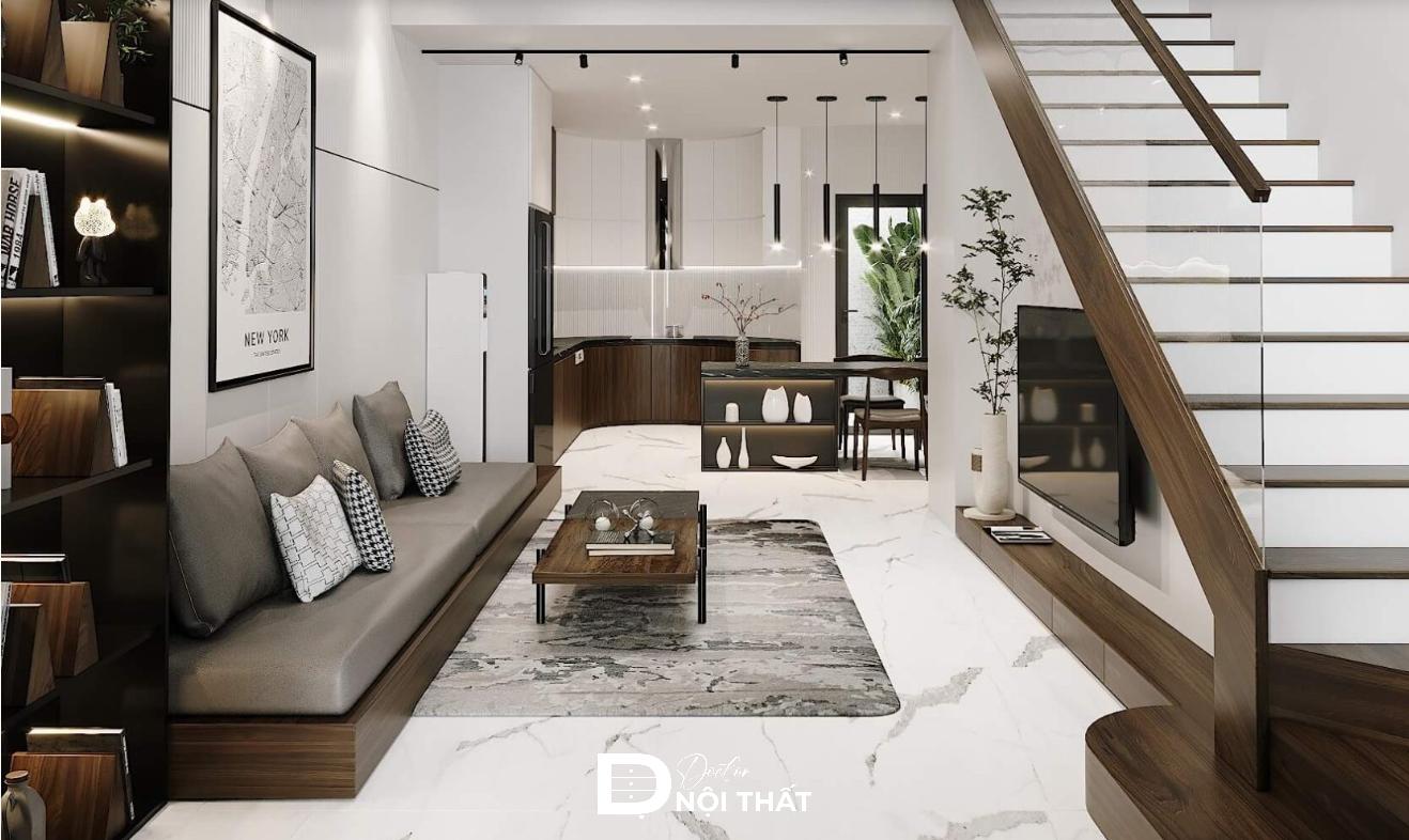 cách kê bàn ghế gỗ phòng khách nhà ống