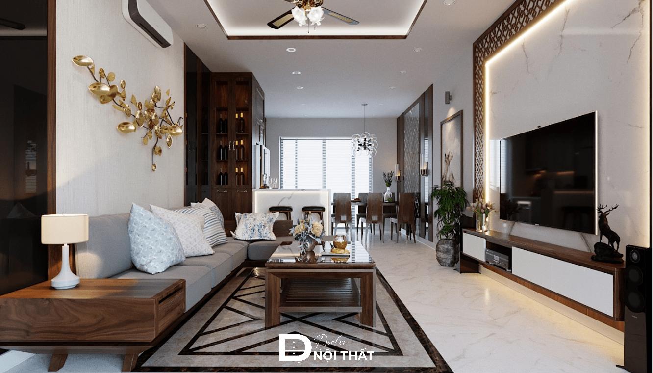 cách kê bàn ghế gỗ phòng khách nhà ống
