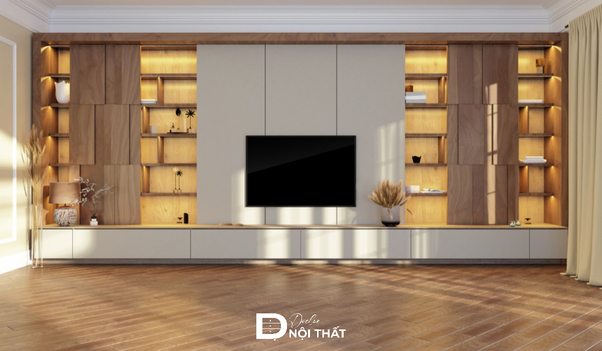 Mẫu kệ tivi kèm tủ rượu và tủ trang trí full mặt tường phòng khách