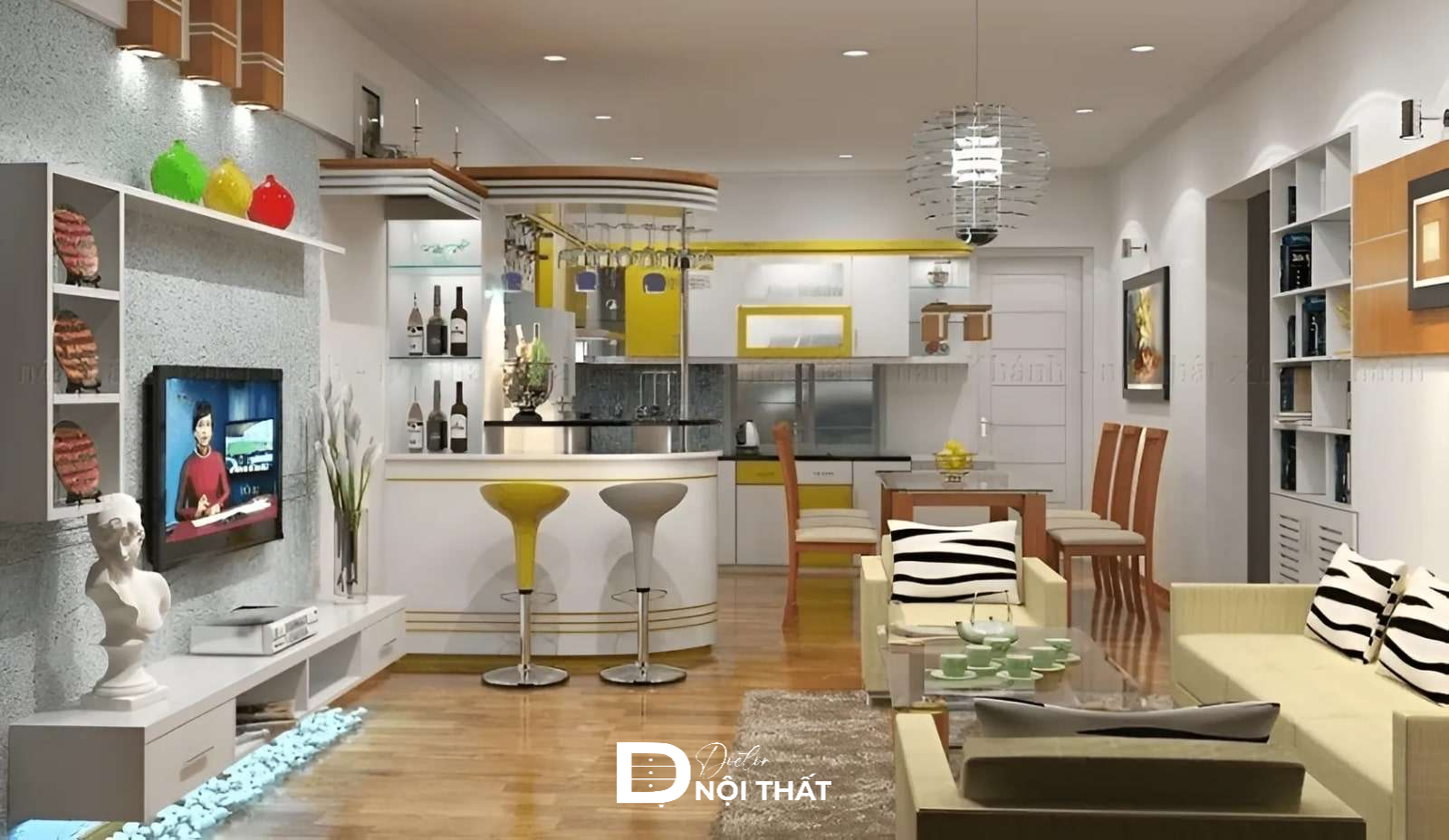 phòng khách liền bếp 20m2