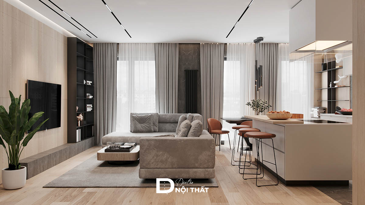 phòng khách liền bếp 20m2