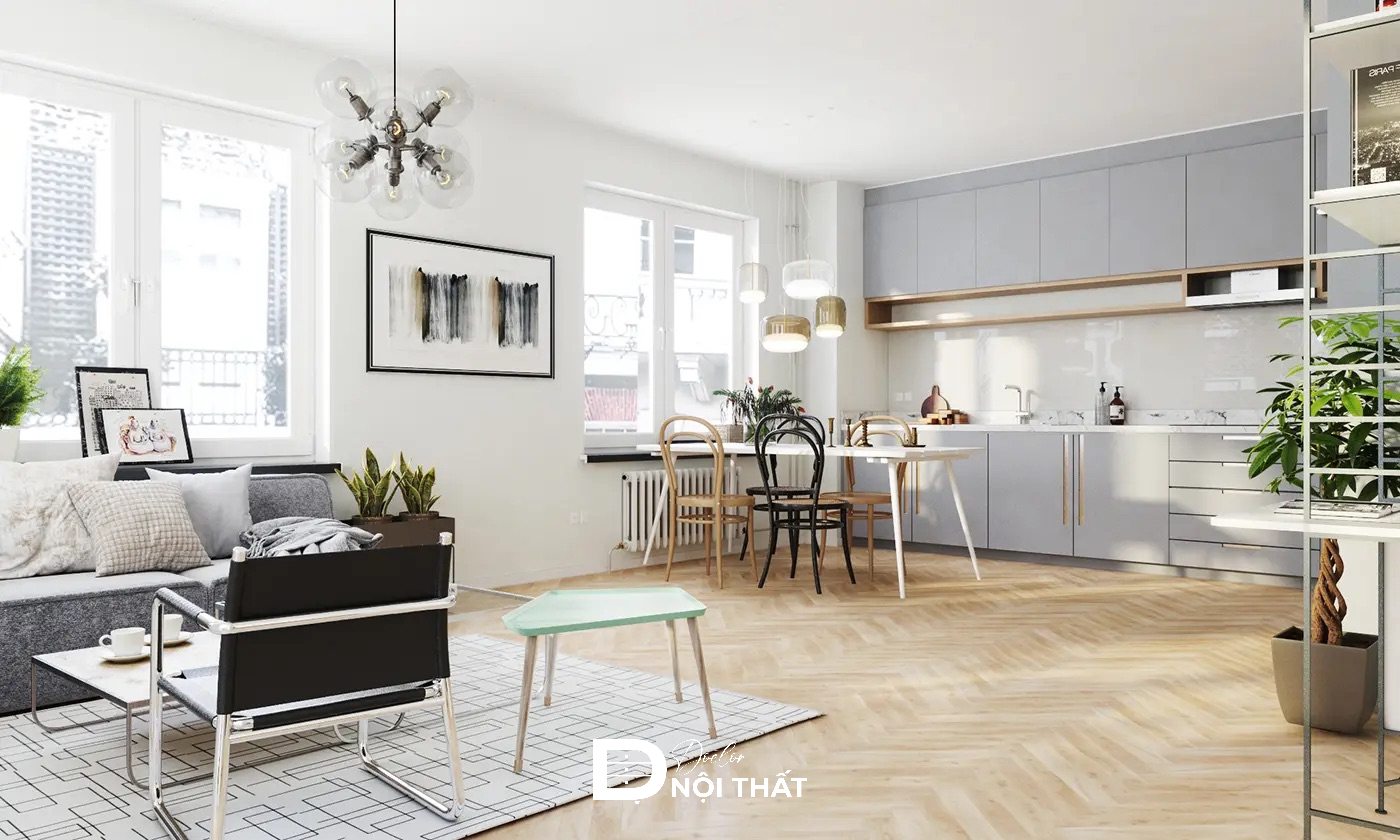 phòng khách liền bếp 20m2