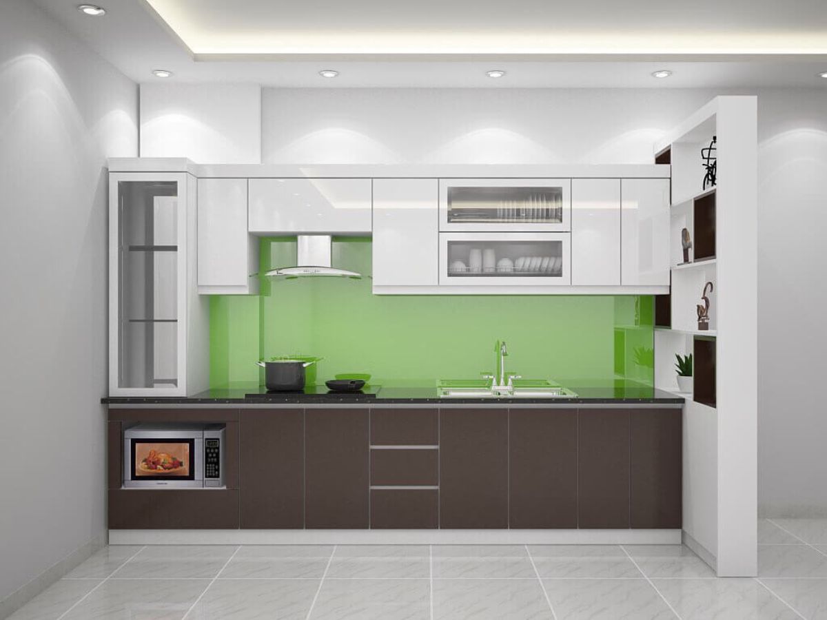Trang trí phòng bếp nhà cấp 4 bằng màu kính ốp bếp màu xanh (nguồn: sưu tầm)
