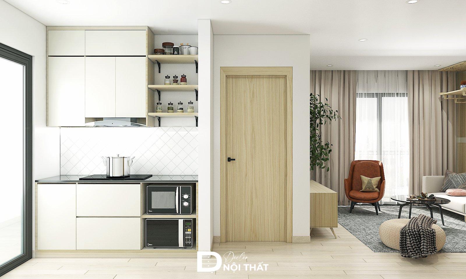 Tủ bếp nhỏ gọn tối giản được thiết kế với gam màu sáng