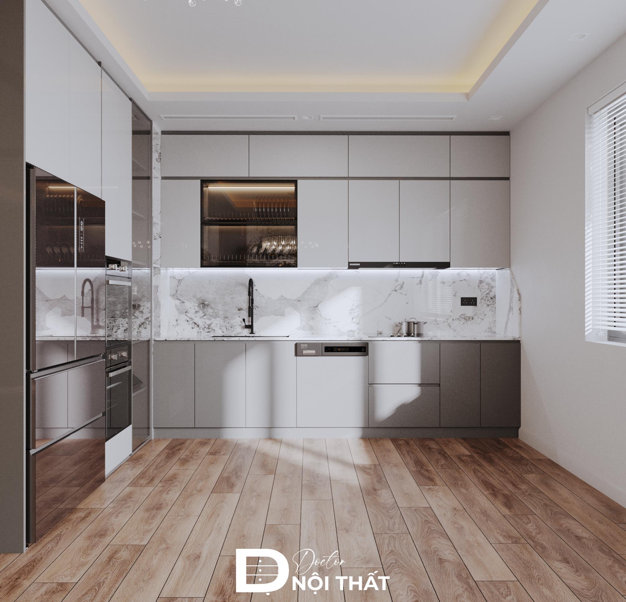 Dự án thiết kế phòng bếp chung cư nhỏ tại Vinhomes hiện đại với tông màu trắng xám chủ đạo 