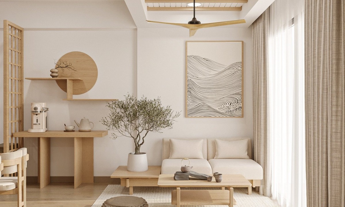 Tranh treo tường, quạt trần gỗ và cây cảnh trang trí đặc trưng của phong cách Japandi (nguồn: sưu tầm)