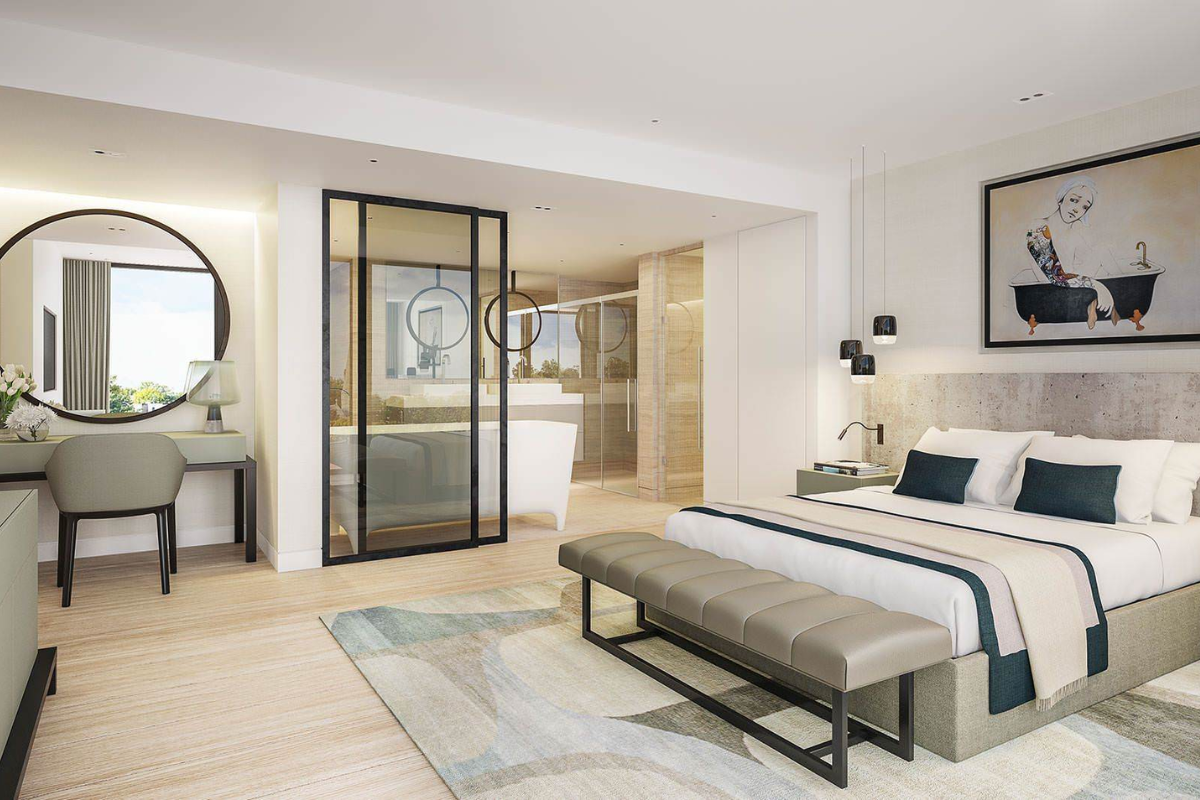 Mẫu thiết kế phòng ngủ 25m2 có nhà vệ sinh tiện lợi, đảm bảo vệ sinh (Ảnh: Sưu tầm)