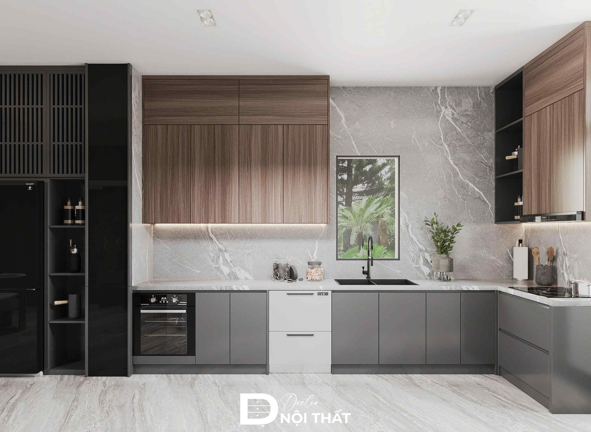 Tủ bếp gỗ công nghiệp chữ L tiện dụng