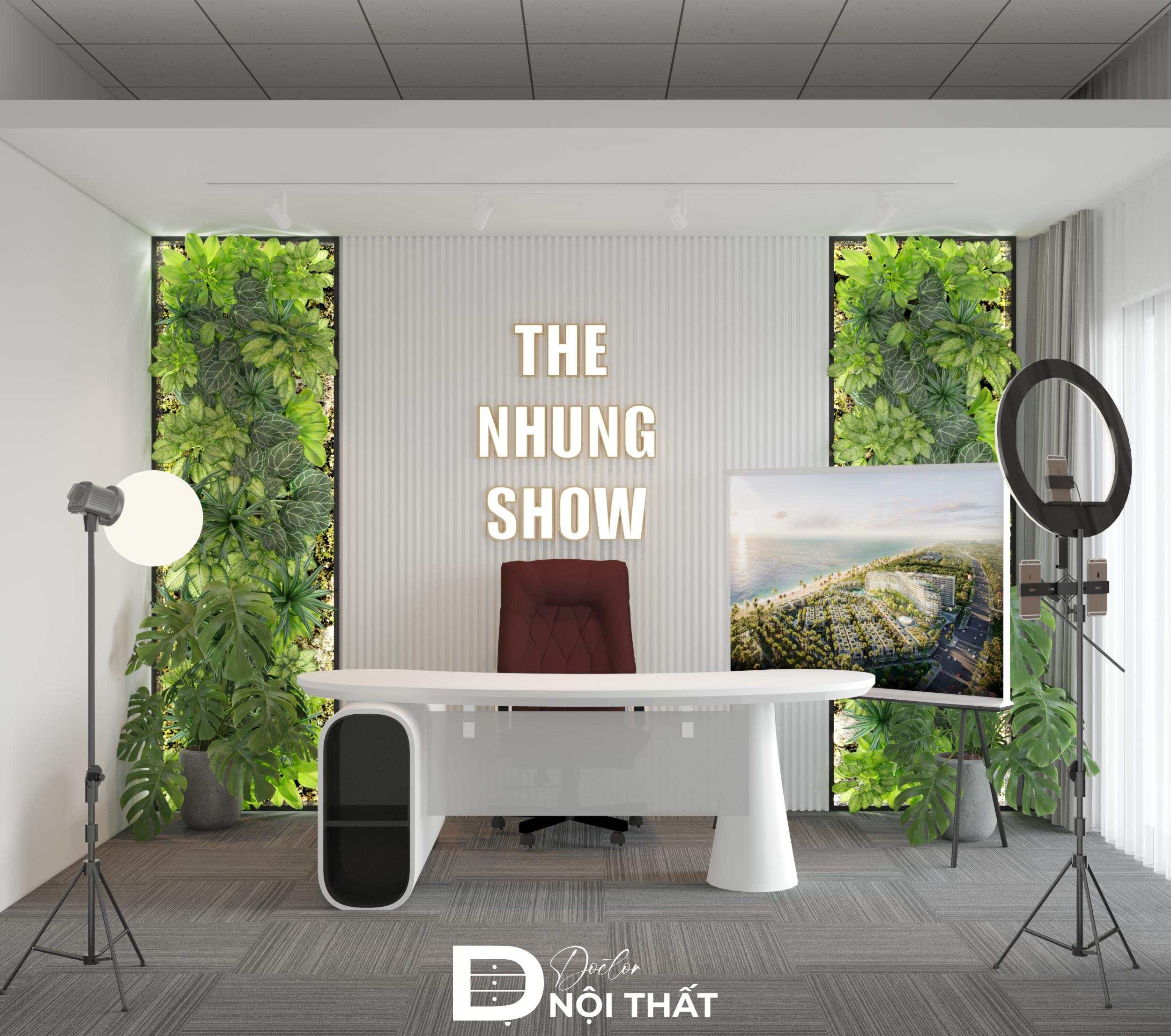 Tổng thể phòng livestream được thiết kế hiện đại với tông màu trắng kết hợp đèn trang trí