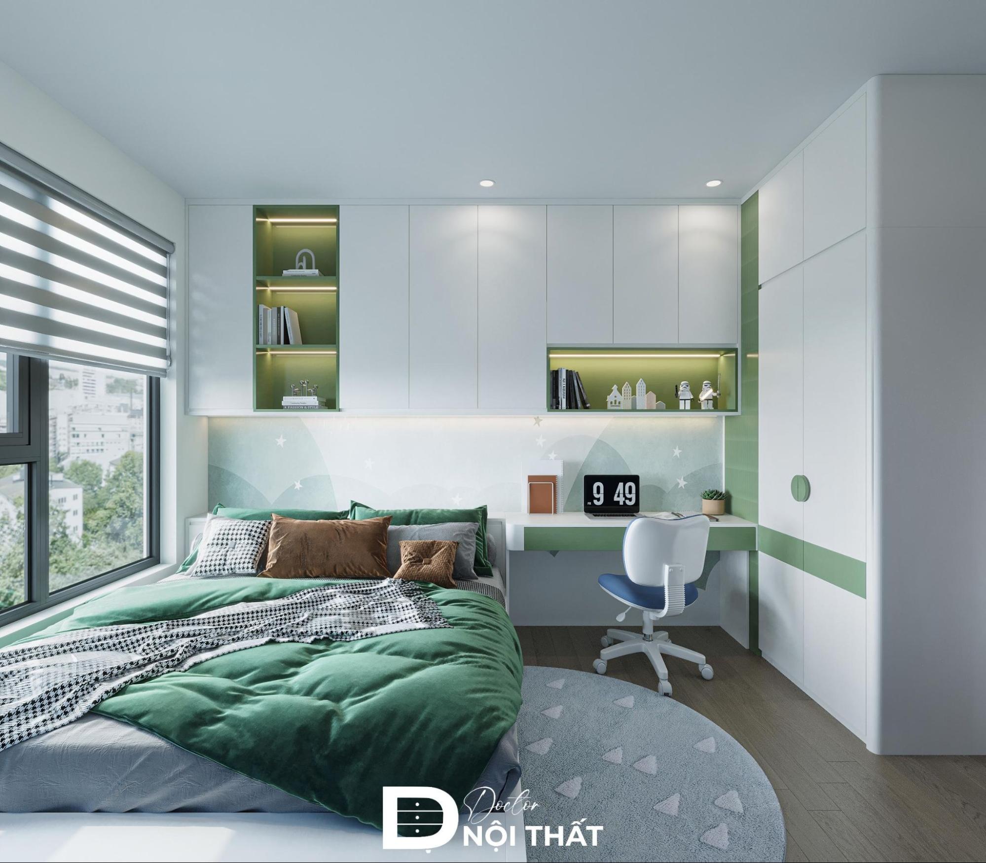 Thiết kế nội thất phòng ngủ 9m2 cho bé trai tông màu trắng và xanh chủ đạo