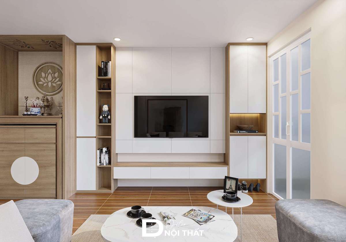 Mẫu thiết kế phòng thờ kết hợp phòng khách sử dụng nội thất gỗ công nghiệp