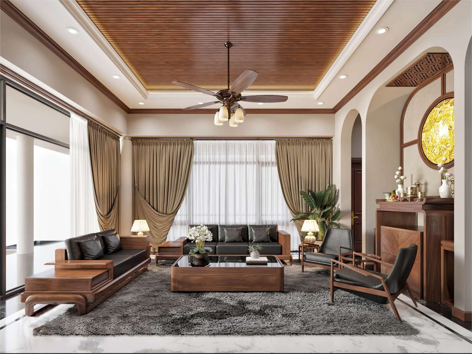 Mẫu phòng thờ kết hợp phòng khách trong không gian biệt thự sang trọng (Nguồn: Sưu tầm)