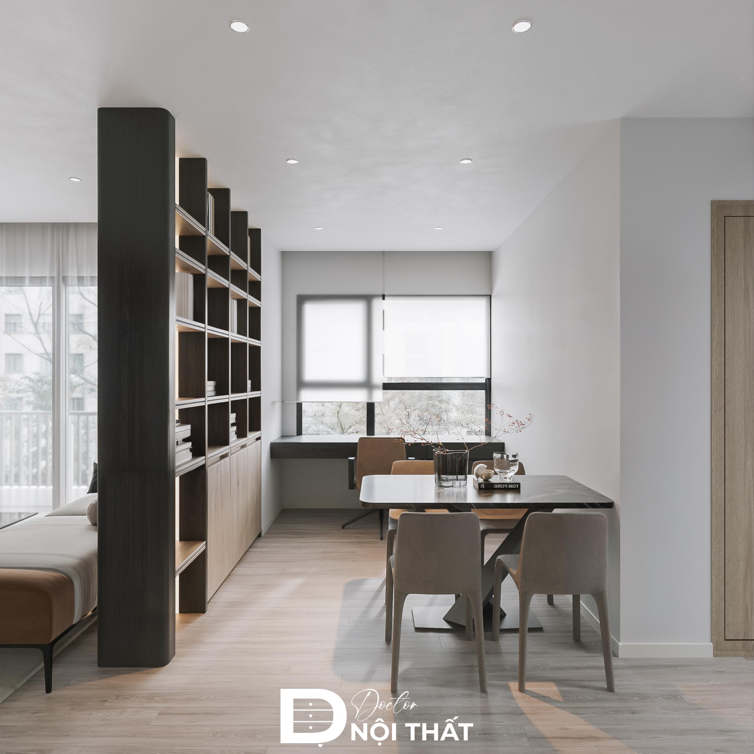 Nội thất chung cư 2 ngủ thiết kế vách ngăn cho phòng ngủ và phòng làm việc để tạo không gian riêng tư
