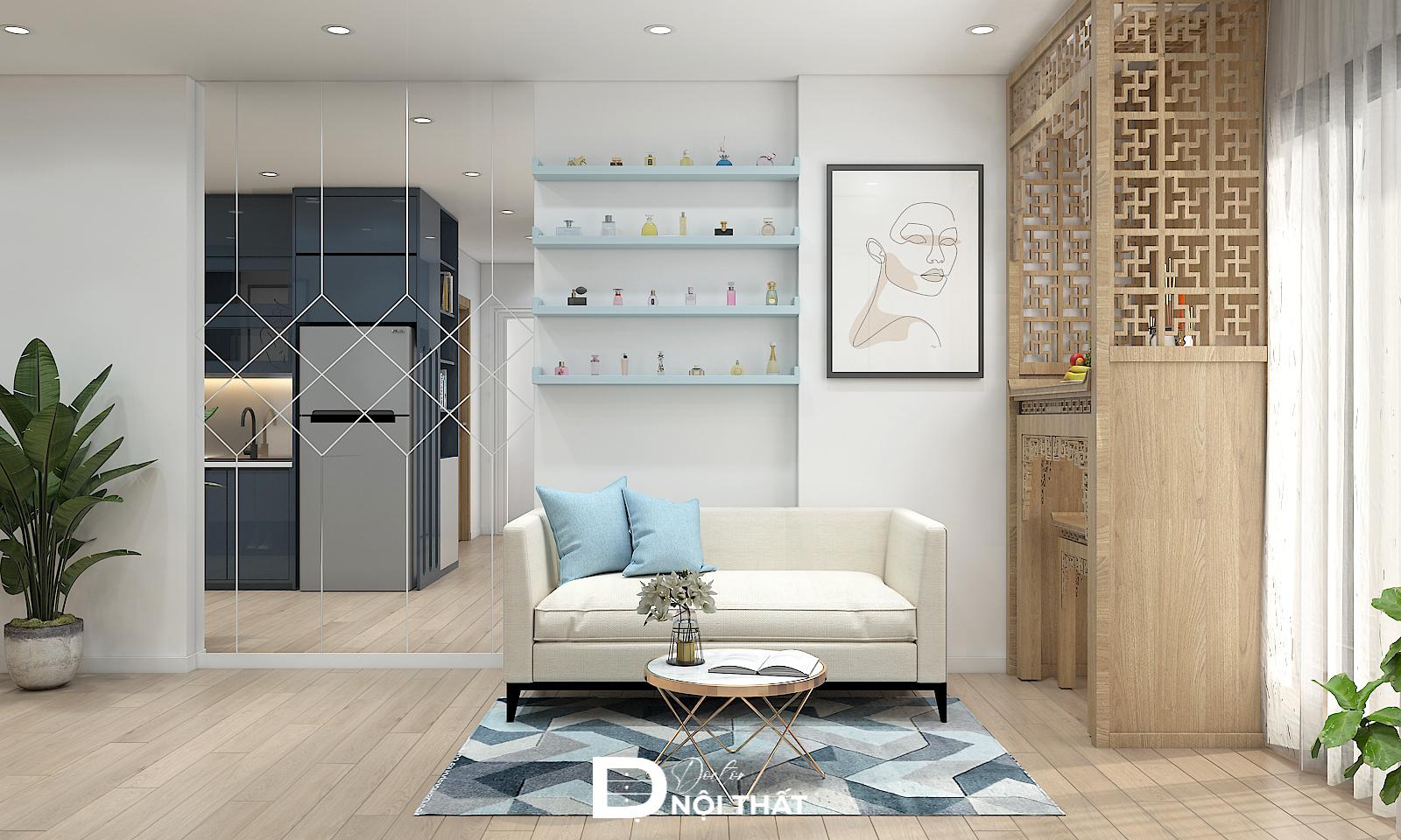 Mẫu thiết kế căn hộ chung cư 2 phòng ngủ với sofa nhỏ gọn được tạo điểm nhấn với gối tựa màu xanh nước biển