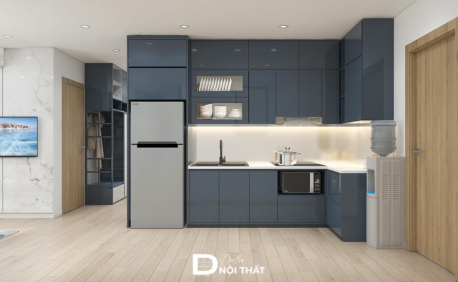 Mẫu thiết kế chung cư 2 ngủ với hệ tủ bếp chữ L ôm trọn toàn bộ hai góc tường