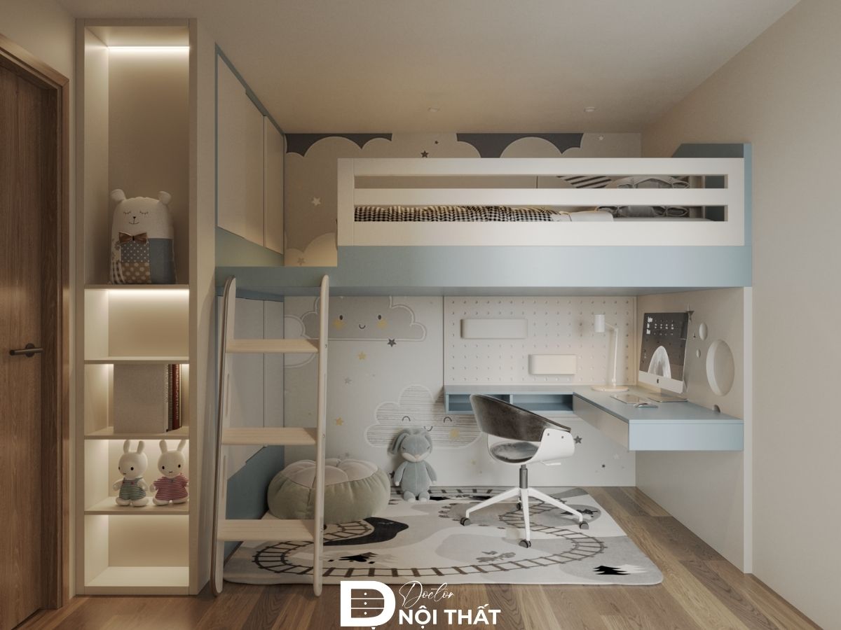Mẫu phòng ngủ 13m2 cho bé đẹp với giường tầng thông minh