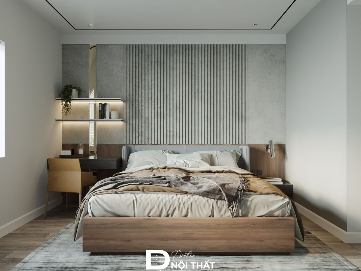 Mẫu thiết kế phòng ngủ 13m2 có kệ treo tường kiêm bàn trang điểm nhỏ gọn giúp tiết kiệm không gian 