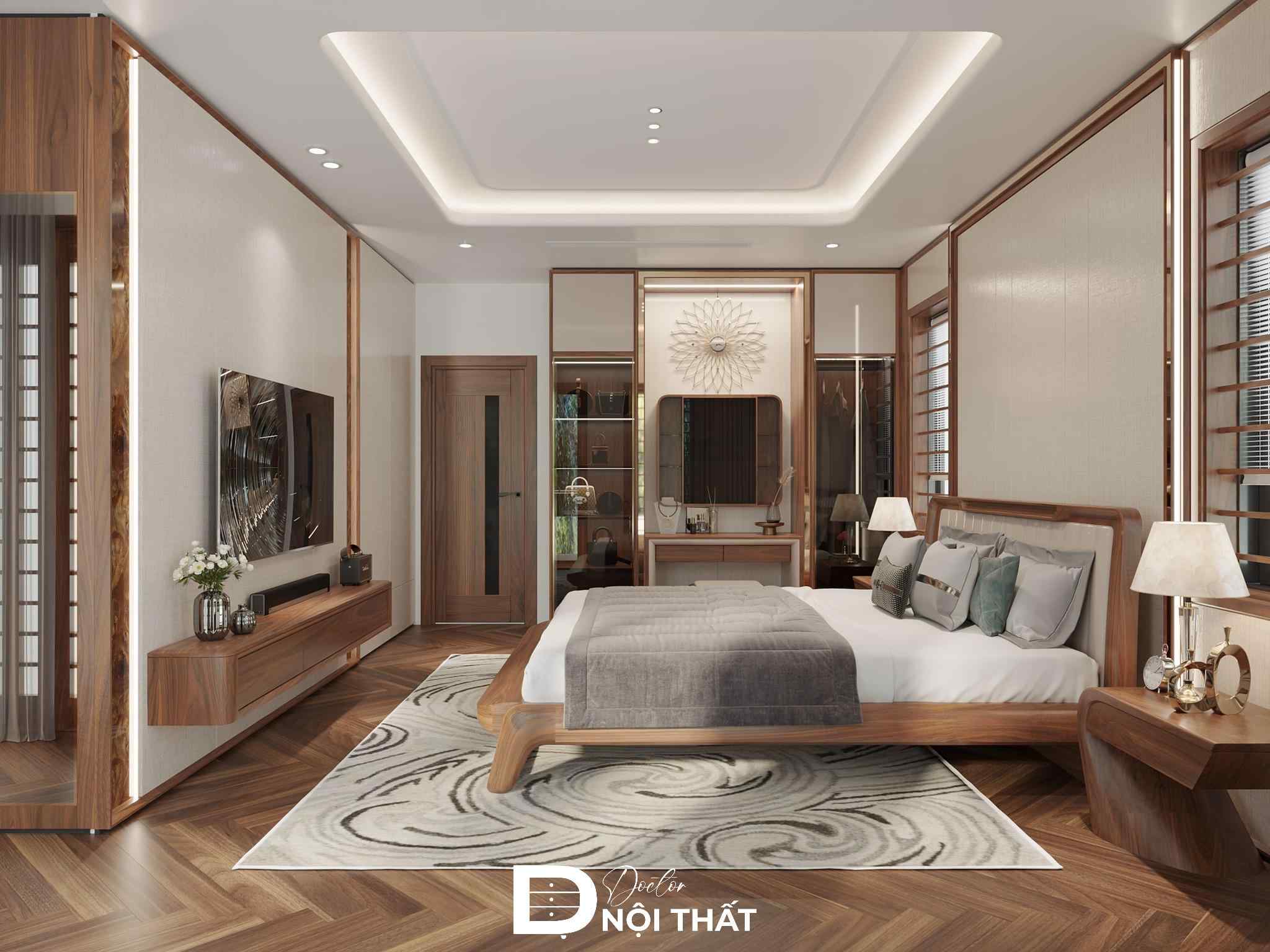Phào chỉ gỗ óc chó tạo điểm nhấn cho phòng ngủ