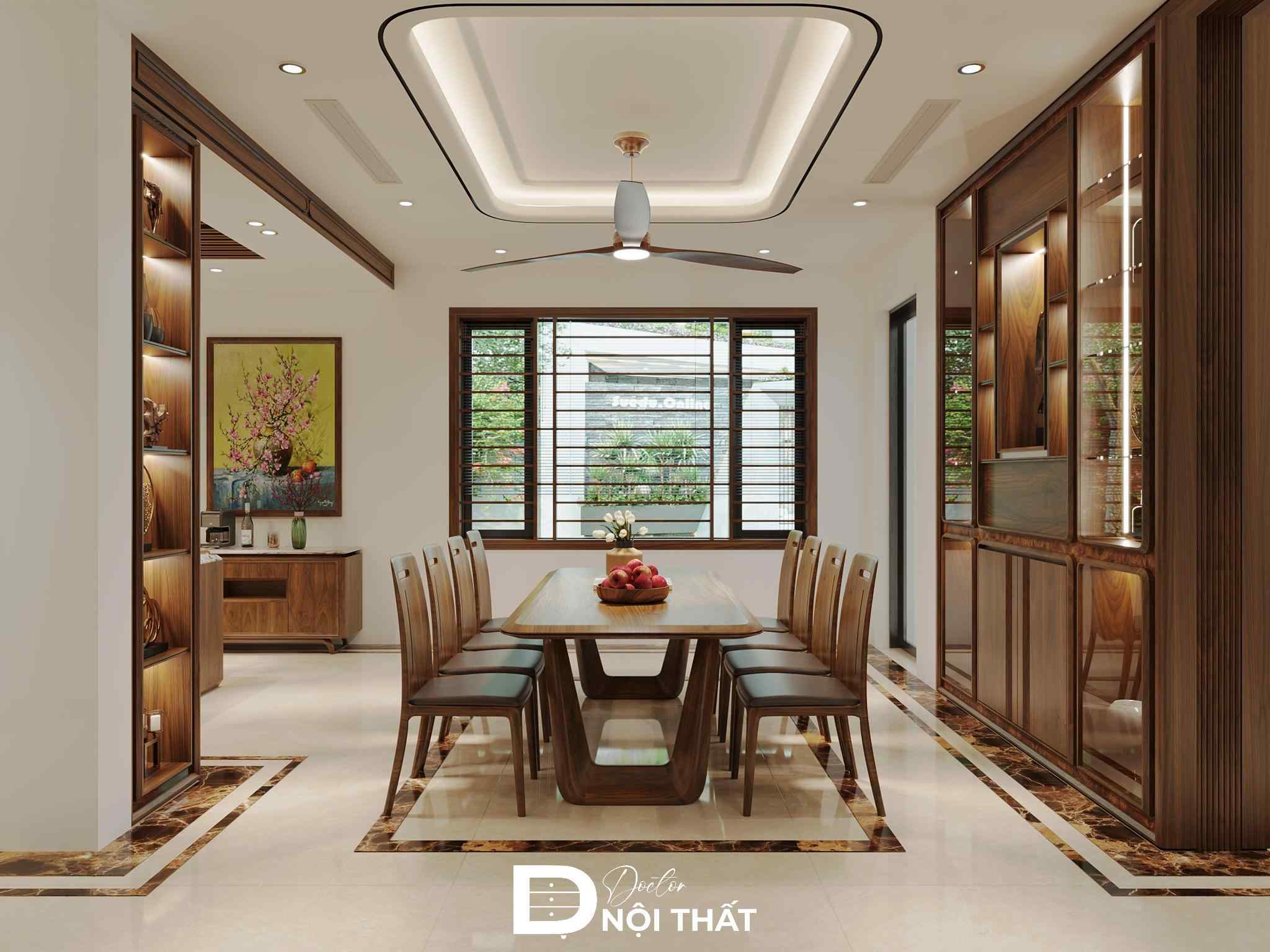 Phòng bếp gồm bộ bàn ăn gỗ óc chó và tủ rượu trang trí
