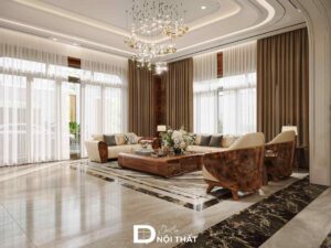 Không gian phòng khách rộng rãi sử dụng bộ đèn chùm làm điểm nhấn