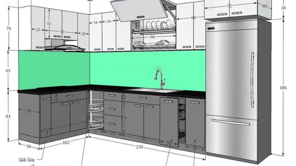 khoảng cách tủ bếp trên và dưới