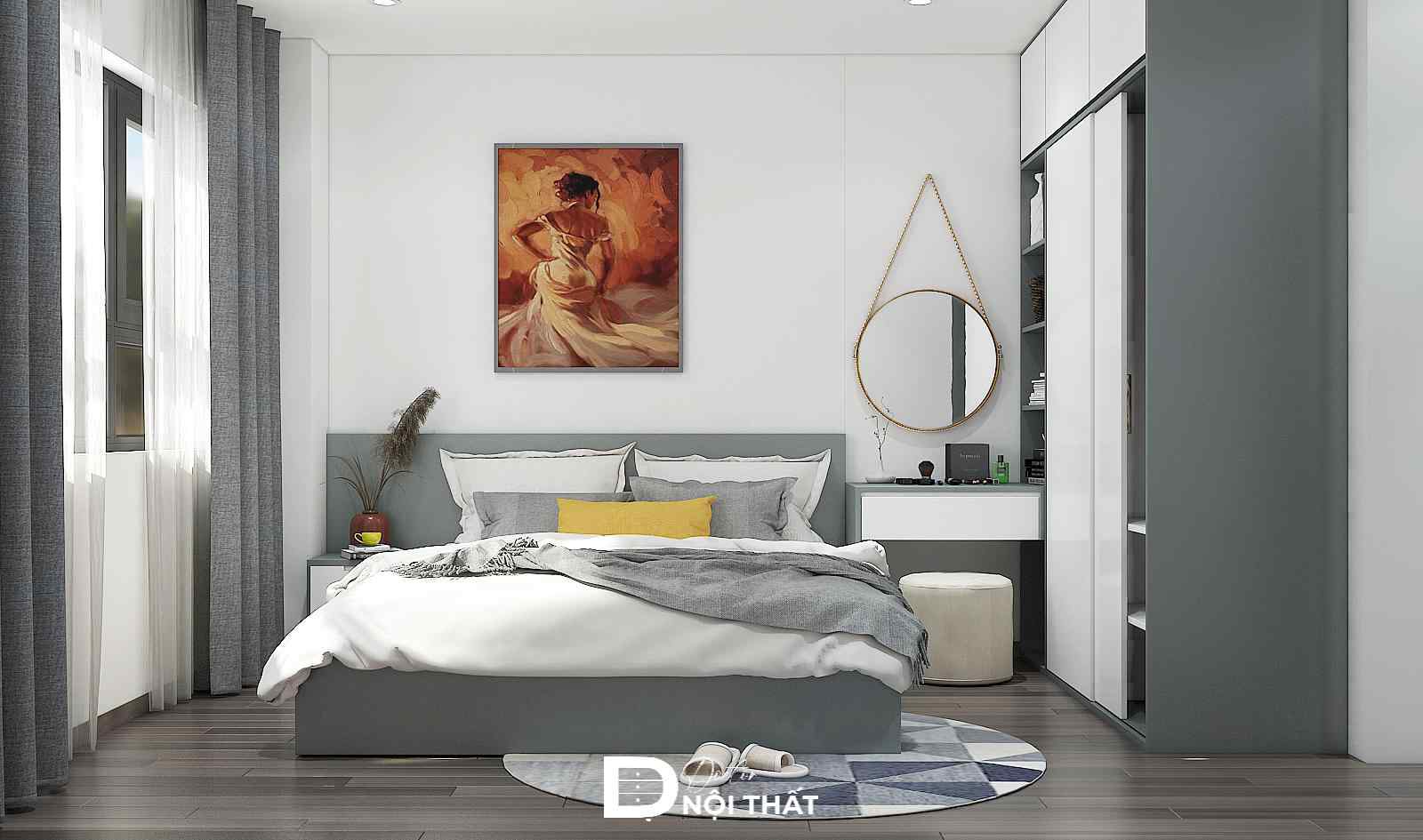 Phòng ngủ chính tông xám với tranh nghệ thuật đầu giường và gương tròn treo dây