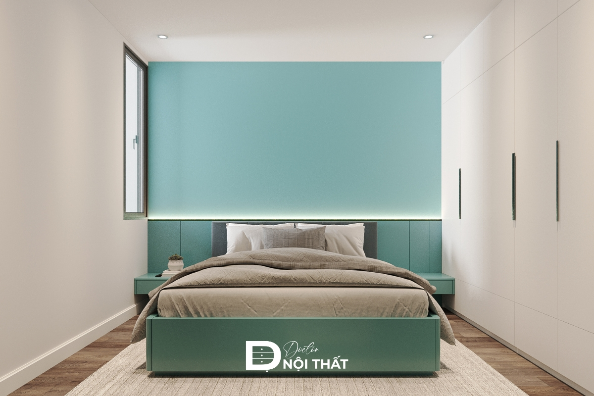 Mẫu phòng ngủ 10m2 cho vợ chồng tone màu xanh làm điểm nhấn