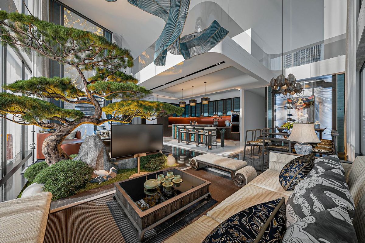 Thiết kế nội thất Penthouse với bảng màu độc đáo được phối hợp hài hòa cùng vật liệu tự nhiên (Nguồn: Tham khảo)