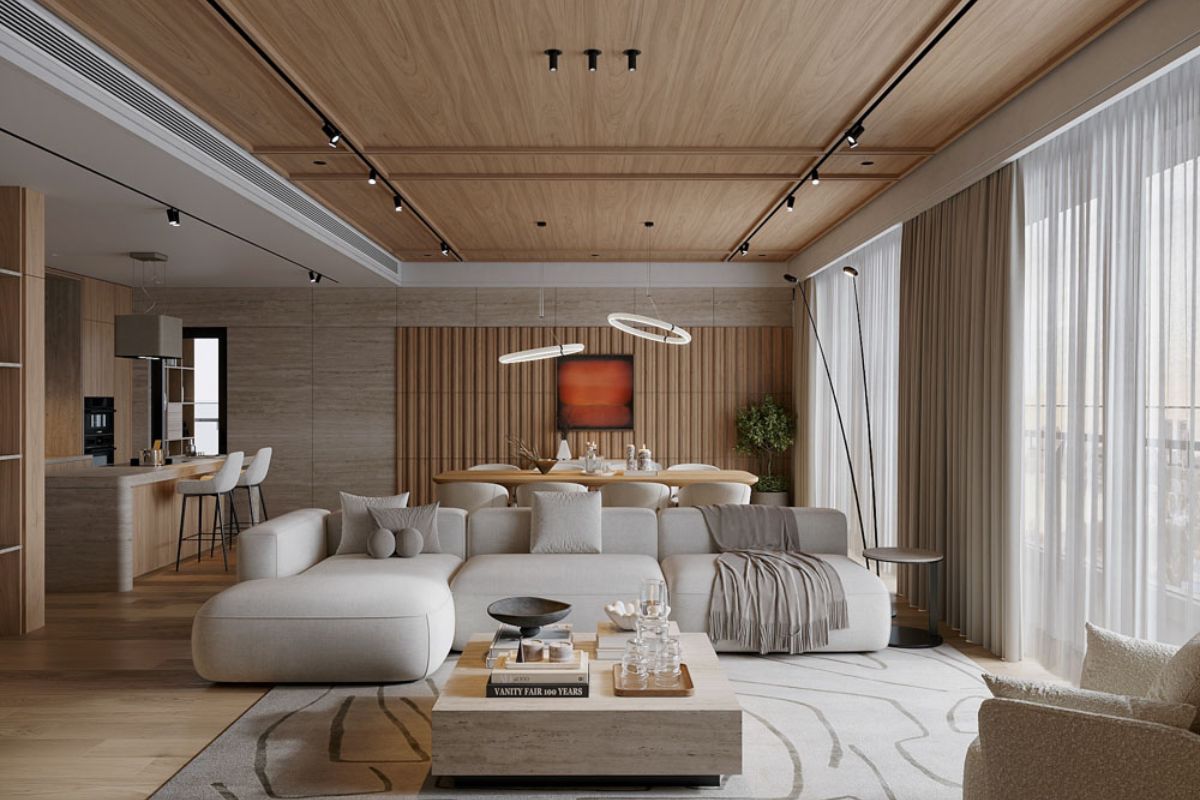 Mẫu thiết kế nội thất căn hộ Penthouse với gỗ tự nhiên kết hợp gam màu sáng (Nguồn: Tham khảo)