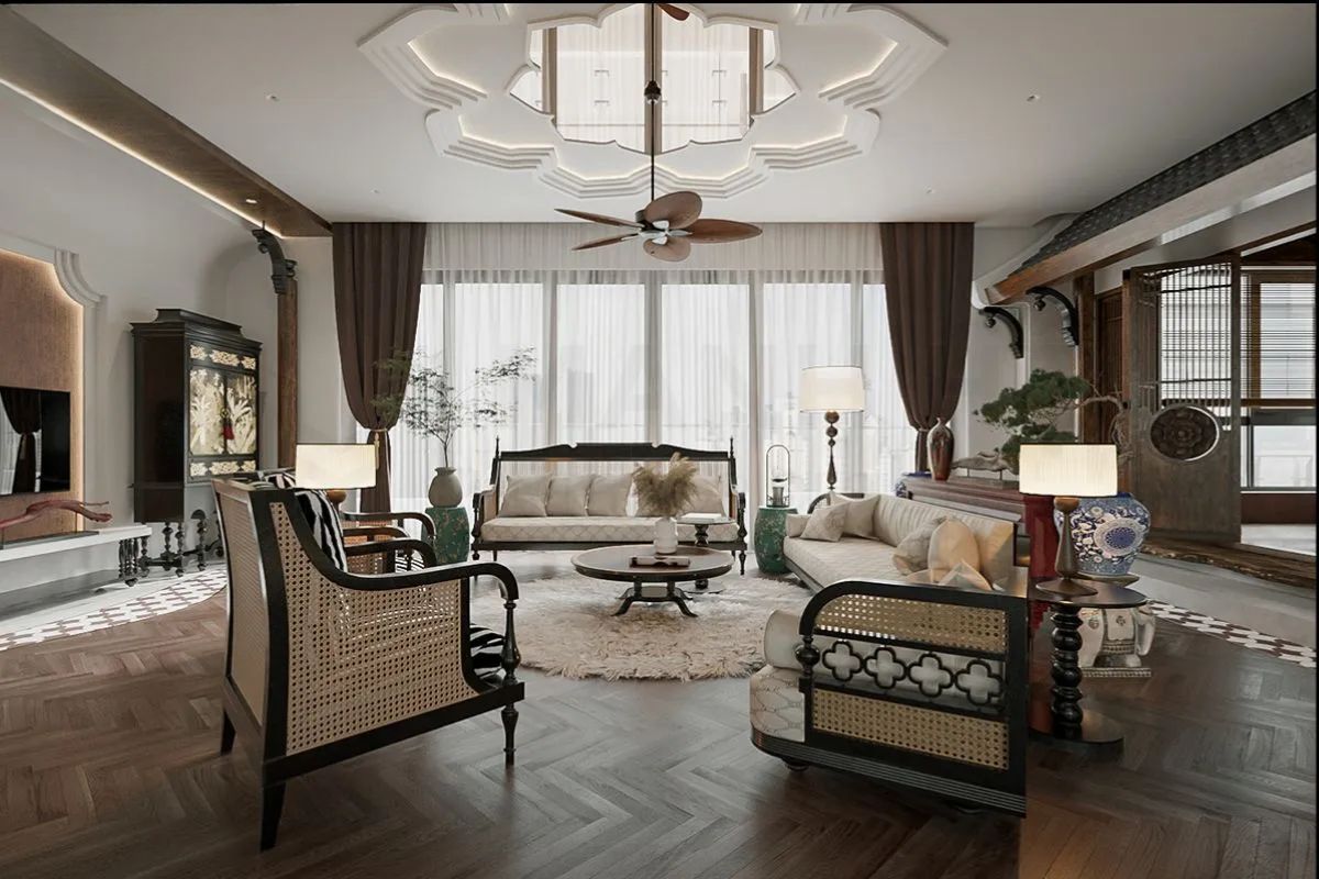 Mẫu nội thất căn hộ Penthouse 160m2 Indochine với chất liệu gỗ tự nhiên (Nguồn: Tham khảo)
