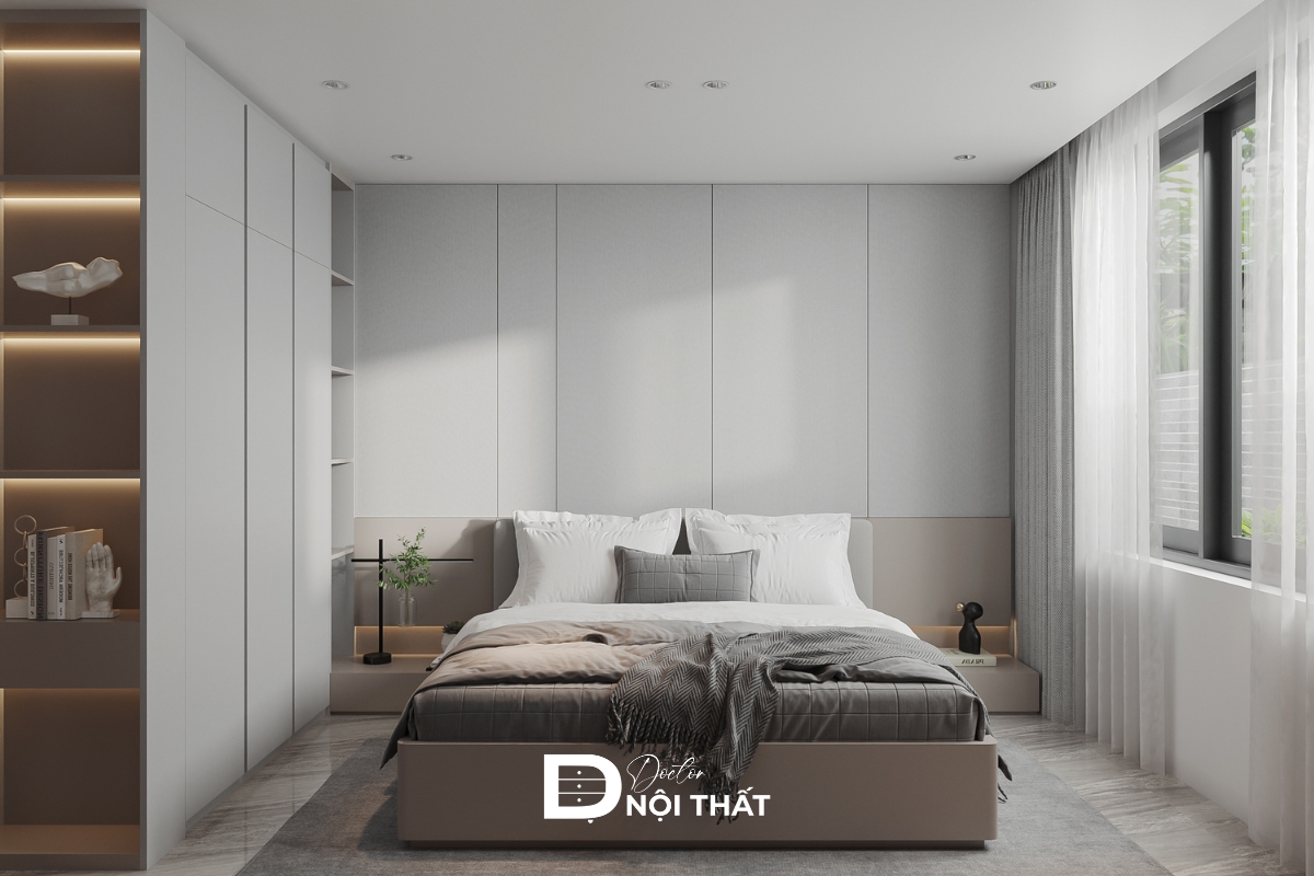Phòng ngủ tối giản với bảng màu nhẹ nhàng