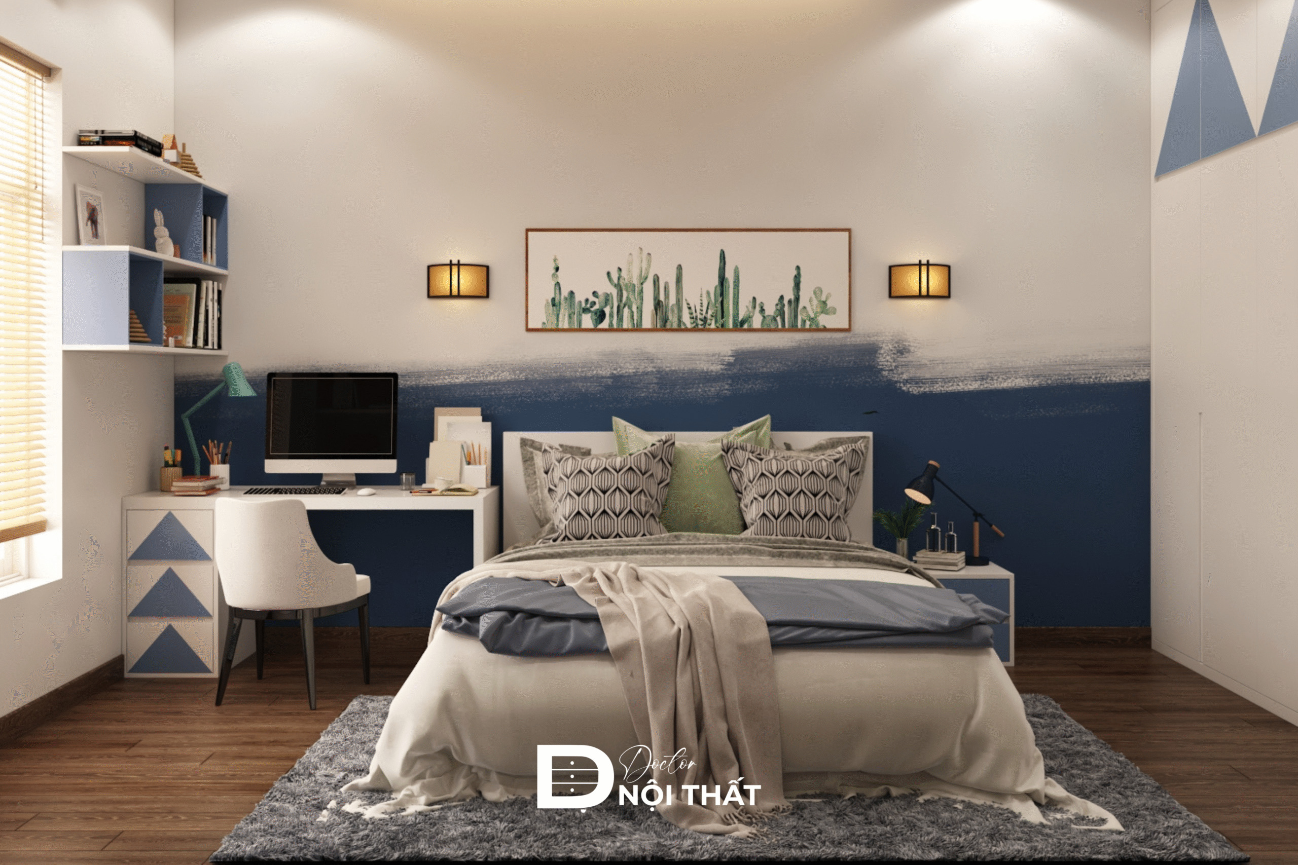 Thiết kế phòng ngủ tone xanh dương giúp xua tan căng thẳng