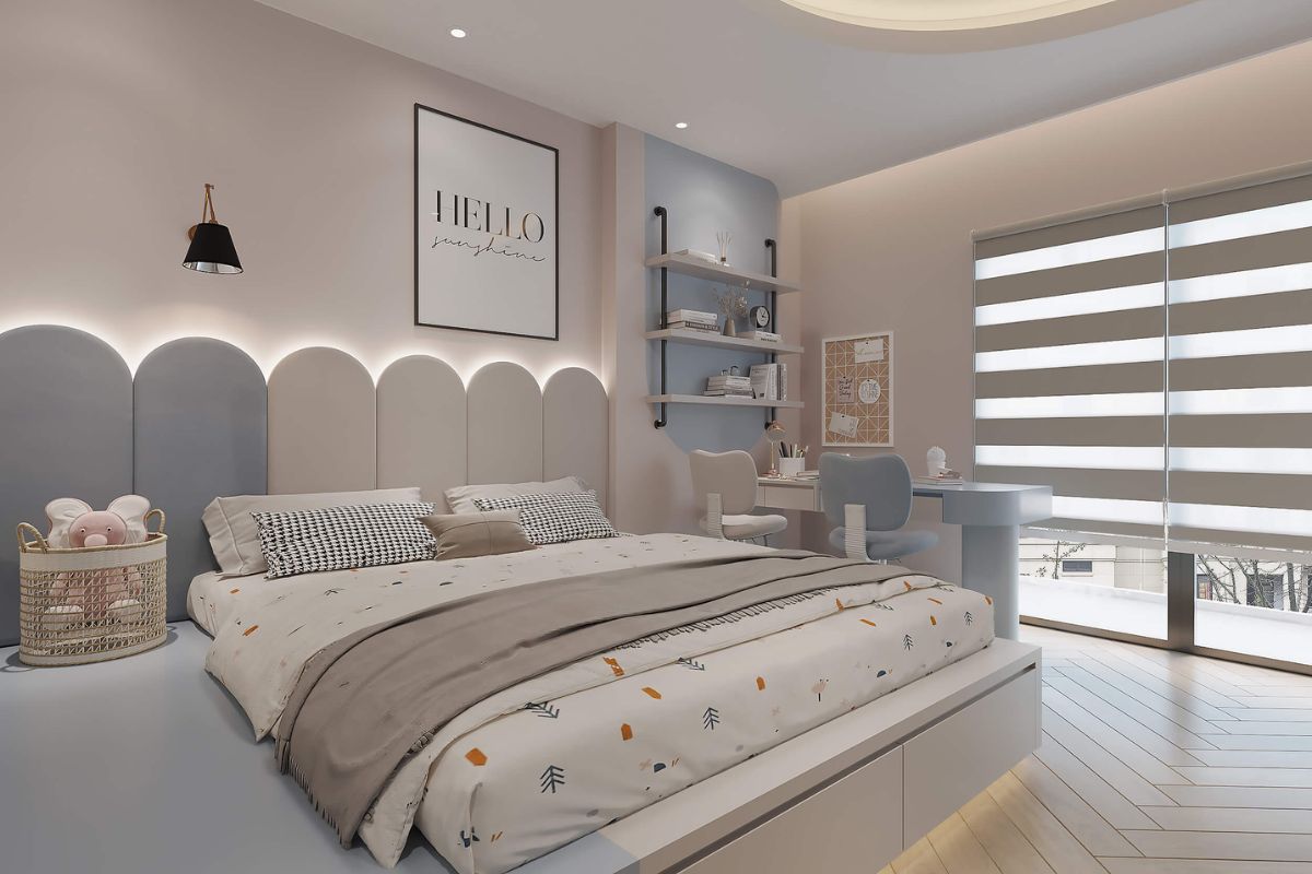 Phòng dành cho bé được bố trí góc học tập đa năng gần cửa sổ (Nguồn: Tham khảo)