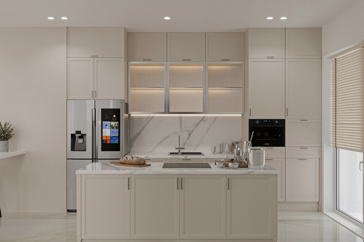 Thiết kế căn hộ Penthouse đẹp với không gian bếp tone màu trắng chủ đạo (Nguồn: Sưu tầm)