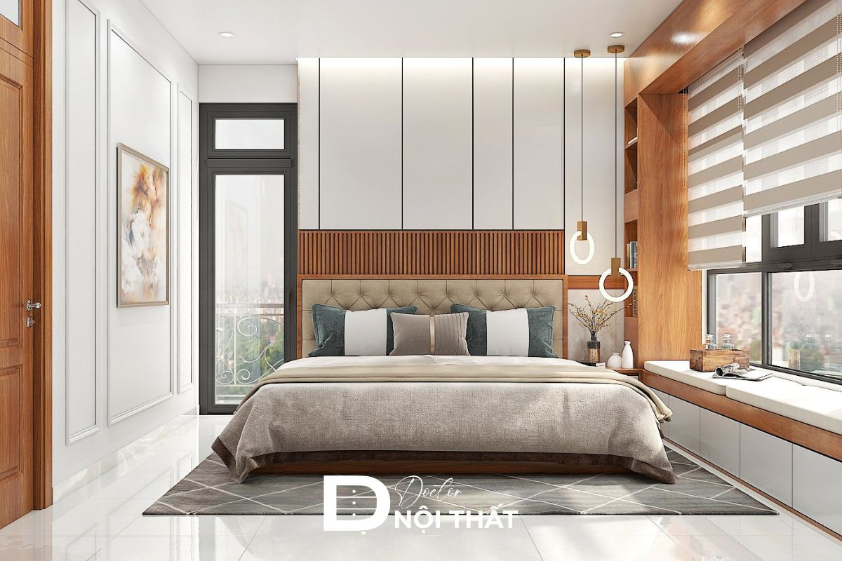 Lựa chọn gam màu sáng, kết hợp cùng màu nâu của gỗ công nghiệp mang đến không gian hiện đại, tinh tế