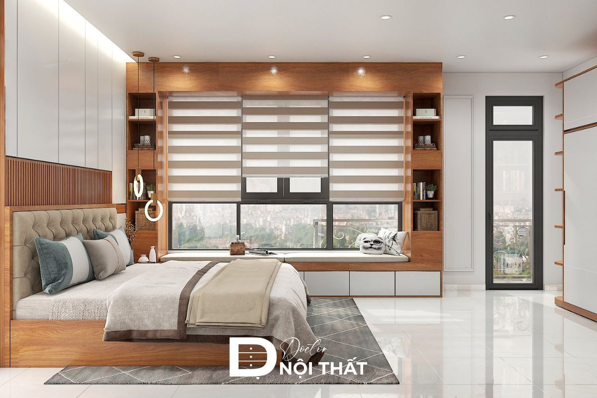 Tủ quần áo kịch trần làm bằng gỗ công nghiệp giúp tiết kiệm tối đa diện tích, kệ tủ trang trí gần cửa sổ là điểm nhấn thêm của căn phòng