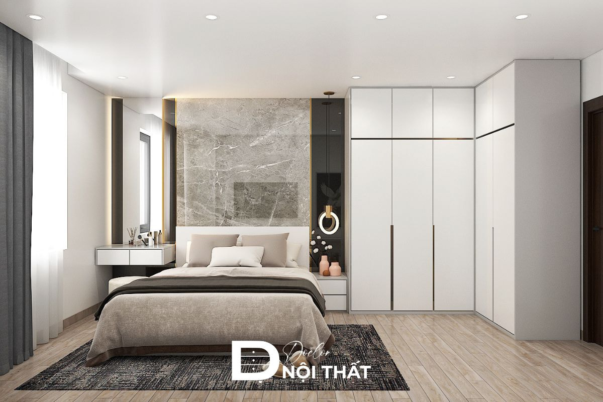 Thiết kế phòng ngủ gỗ công nghiệp đẹp với tông màu trung tính với đủ các món đồ nội thất tiện nghi trong căn phòng