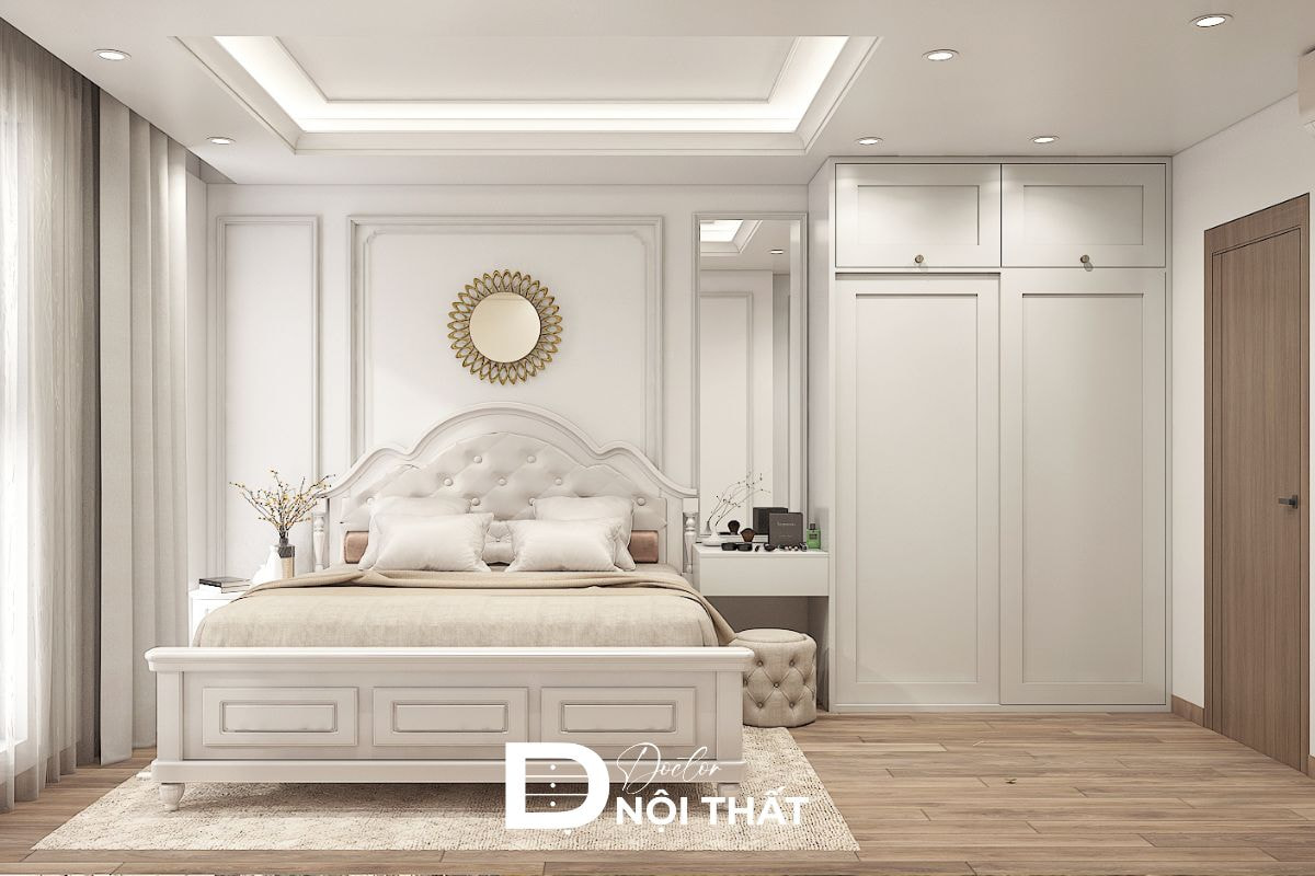 Thiết kế phòng ngủ gỗ công nghiệp với tông màu sáng thoáng đãng, kết hợp cùng nhiều món đồ trang trí ấn tượng