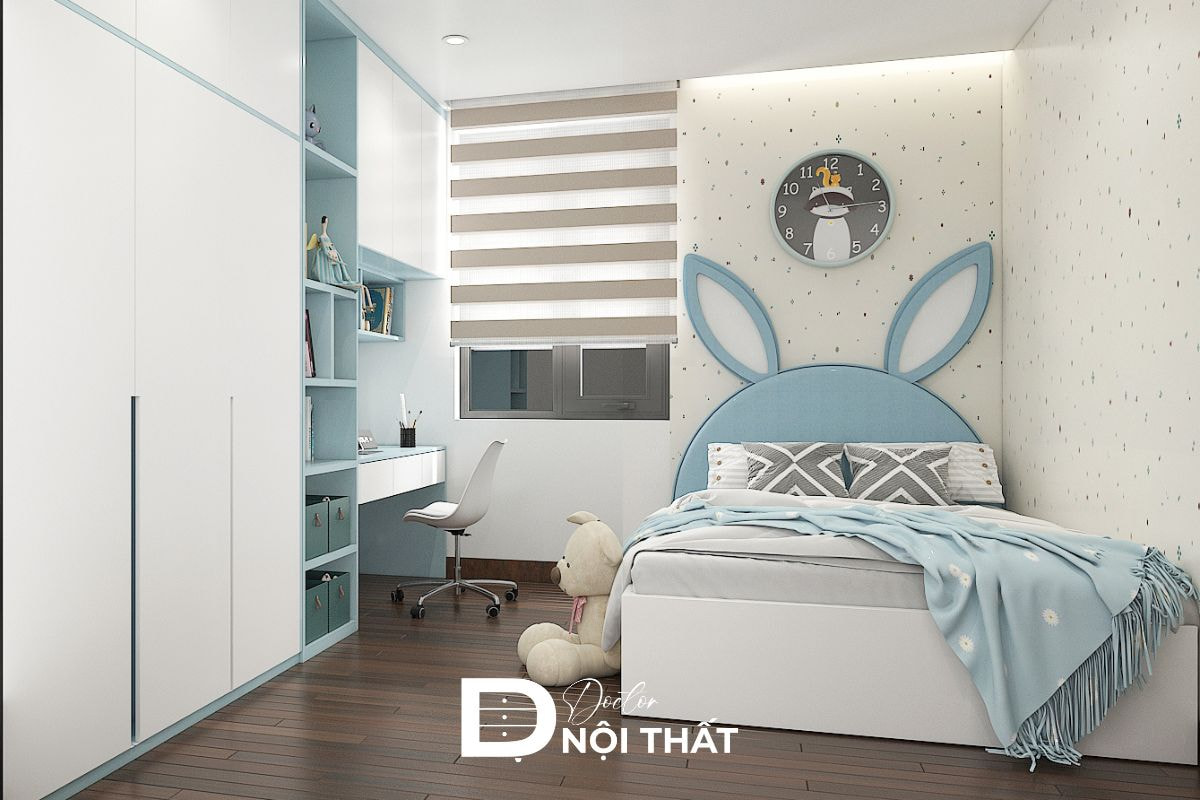 Thiết kế phòng ngủ gỗ công nghiệp đẹp dành cho bé gái tông màu xanh biển nhẹ nhàng