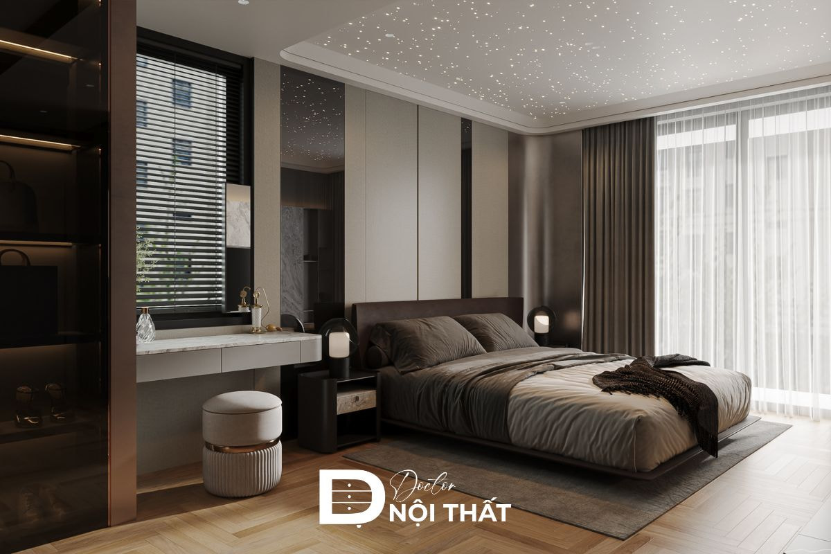 Thiết kế nội thất phòng ngủ bằng gỗ công nghiệp tại căn hộ Duplex Ngoại Giao Đoàn