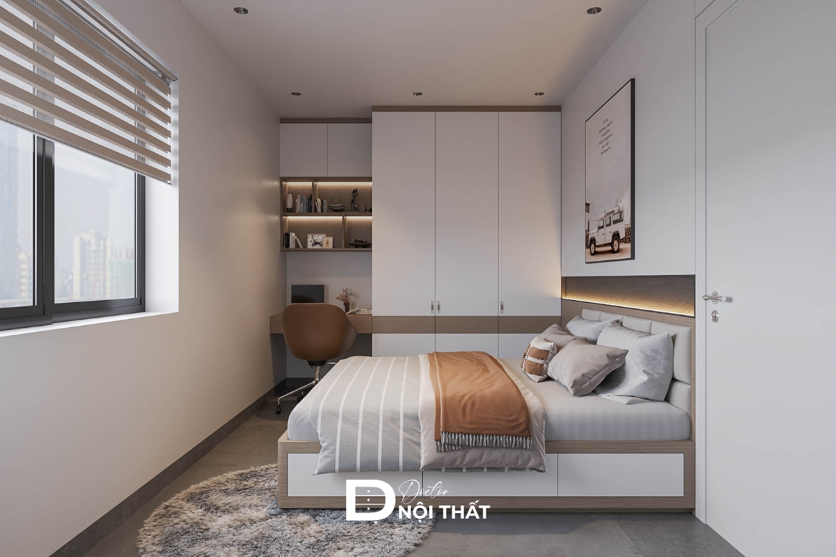 Phòng ngủ 10m² sử dụng nội thất gỗ sáng màu và cửa kính lớn