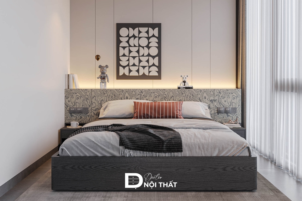 Phòng ngủ 11.5m² với nội thất đa năng và rèm cửa màu trung tính
