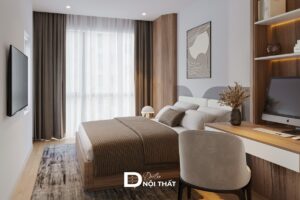 Phòng ngủ master gam màu trung tính, sử dụng rèm vải mềm