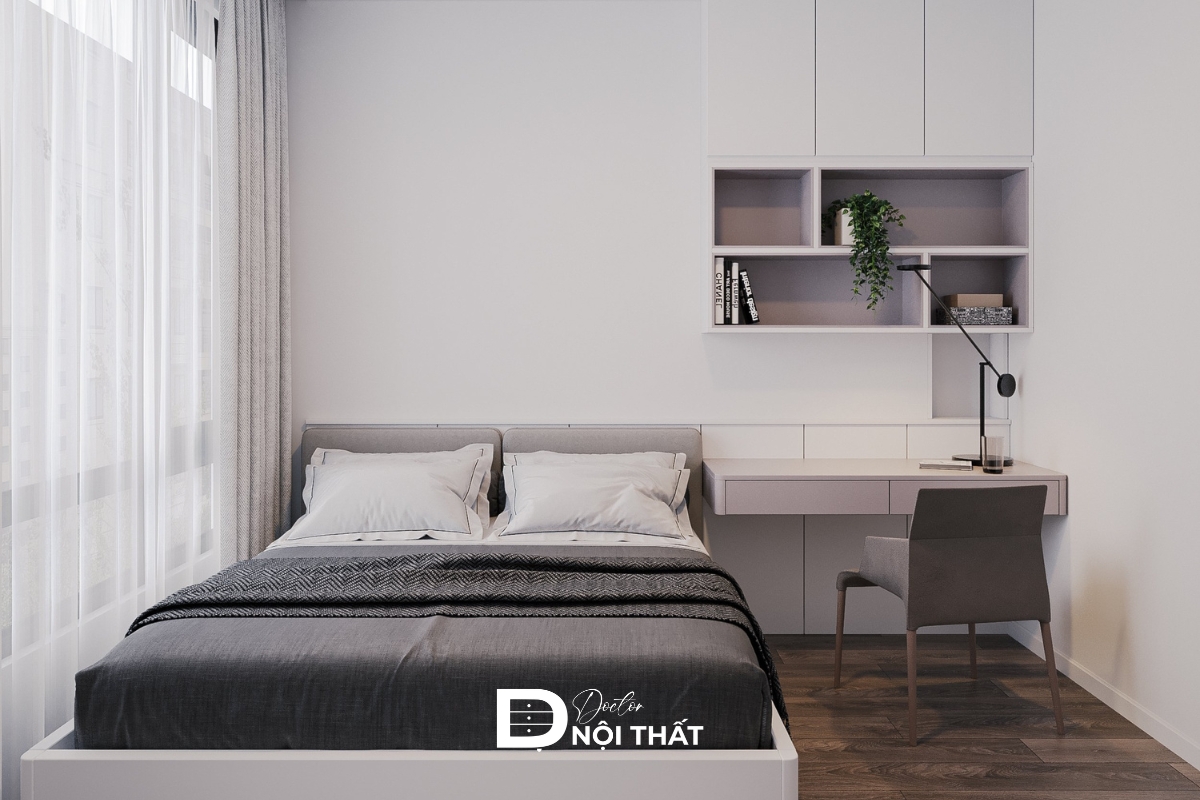 Phòng ngủ nhỏ tích hợp góc làm việc được thiết kế đơn giản