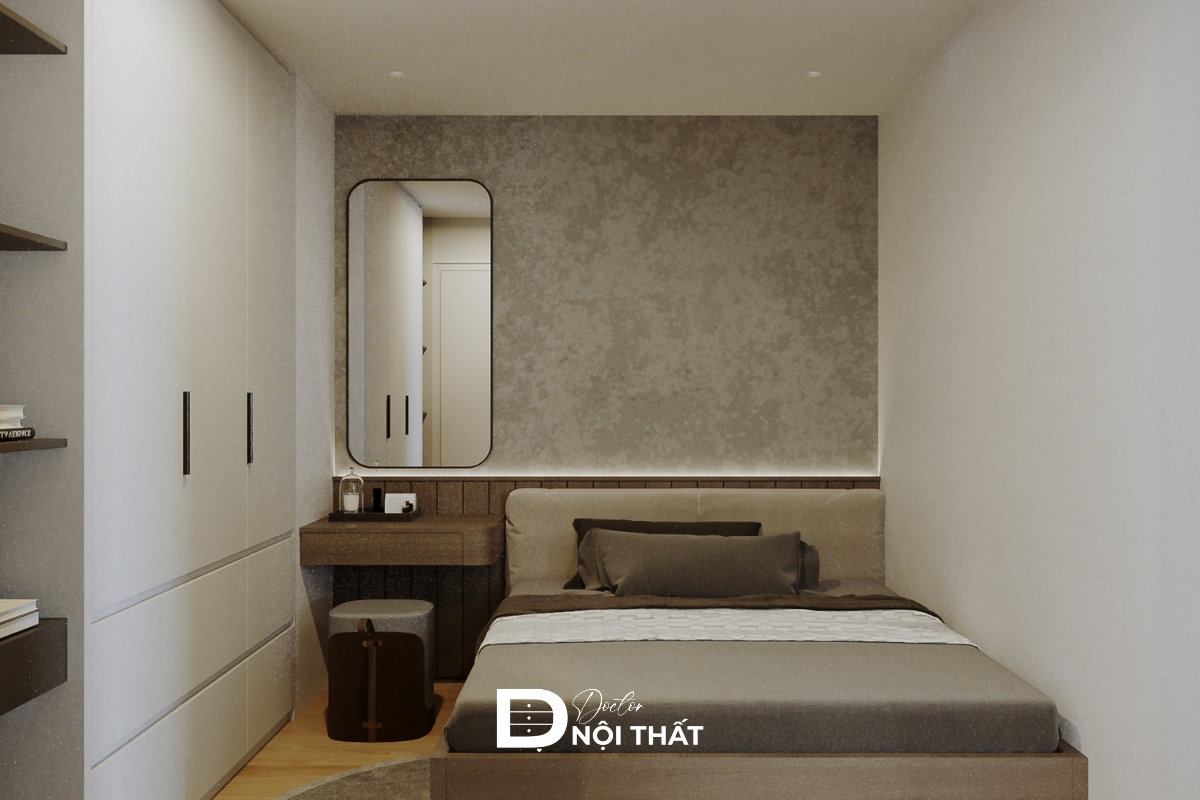 Phòng ngủ master tận dụng hệ tủ kịch trần để tăng diện tích lưu trữ
