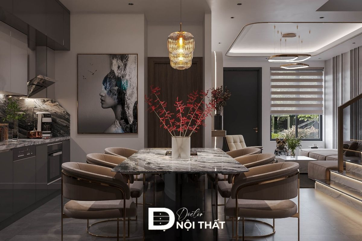 Thiết kế phòng ăn sang trọng với bàn ăn to ở trung tâm